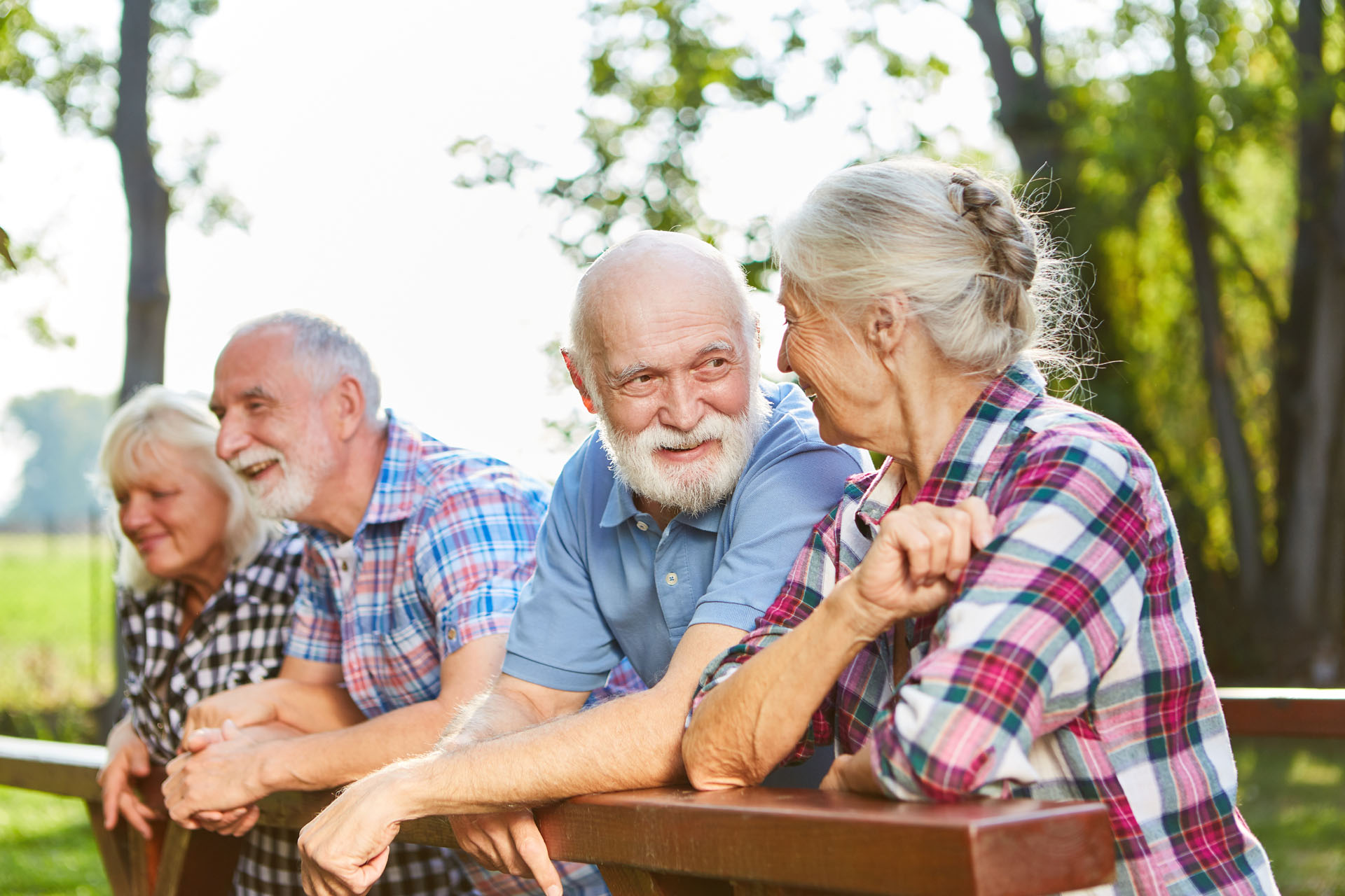 Active seniors talking as friends on a summer outing